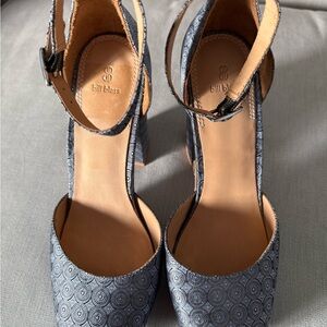 bill blass Black and Gray Patterned Ankle-Strap Heels